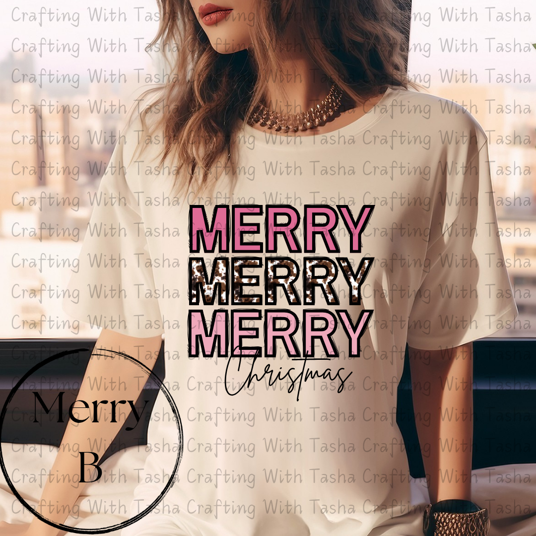 Merry Merry Merry Christmas Pink & Cow Print Design – Customizable DTF Transfer, T-Shirt, Crew Neck, Hoodie, or Cup Transfer