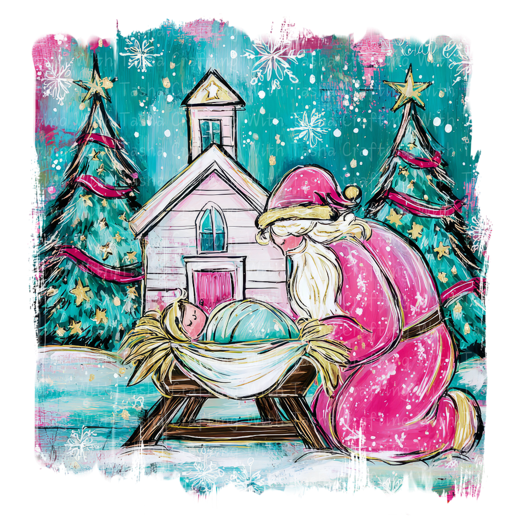 Pink Santa Nativity Christmas DTF Transfer – Santa Kneeling at Manger Christian Holiday Design
