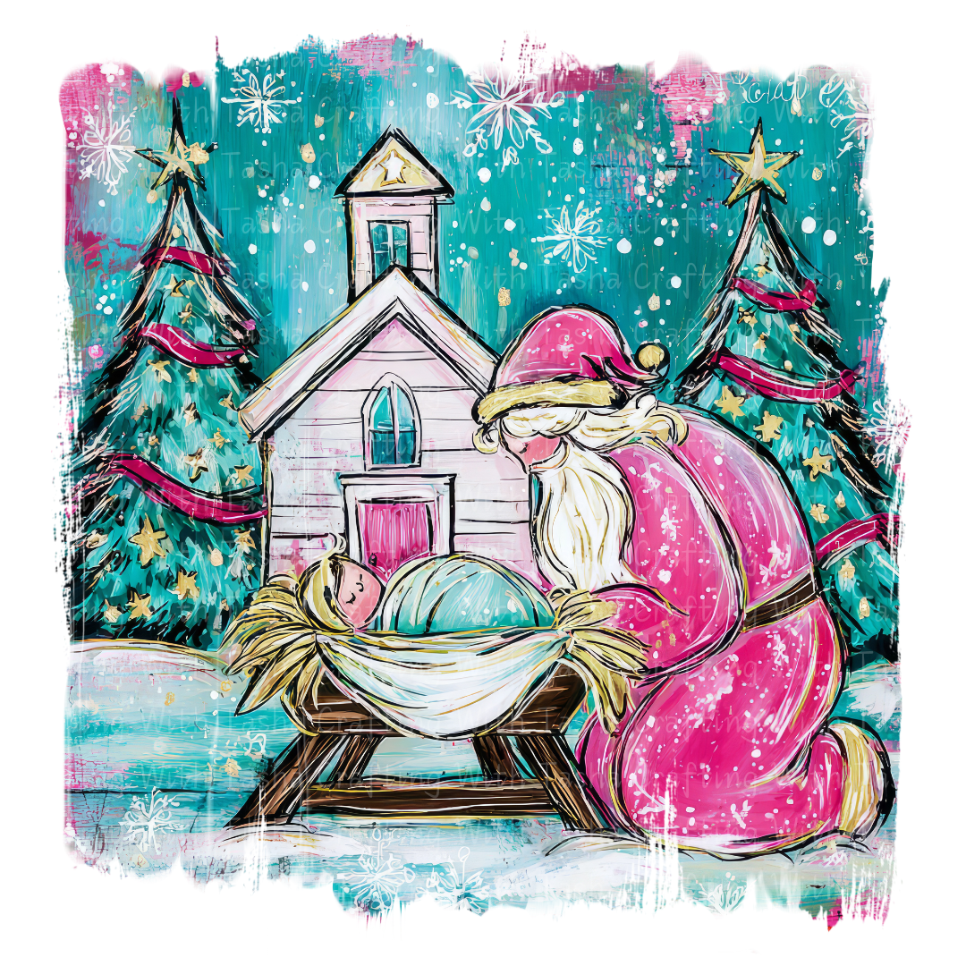 Pink Santa Nativity Christmas DTF Transfer – Santa Kneeling at Manger Christian Holiday Design
