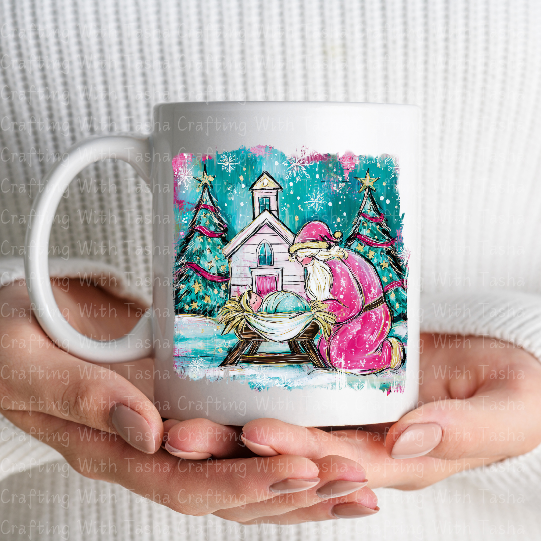 Pink Santa Nativity Christmas DTF Transfer – Santa Kneeling at Manger Christian Holiday Design