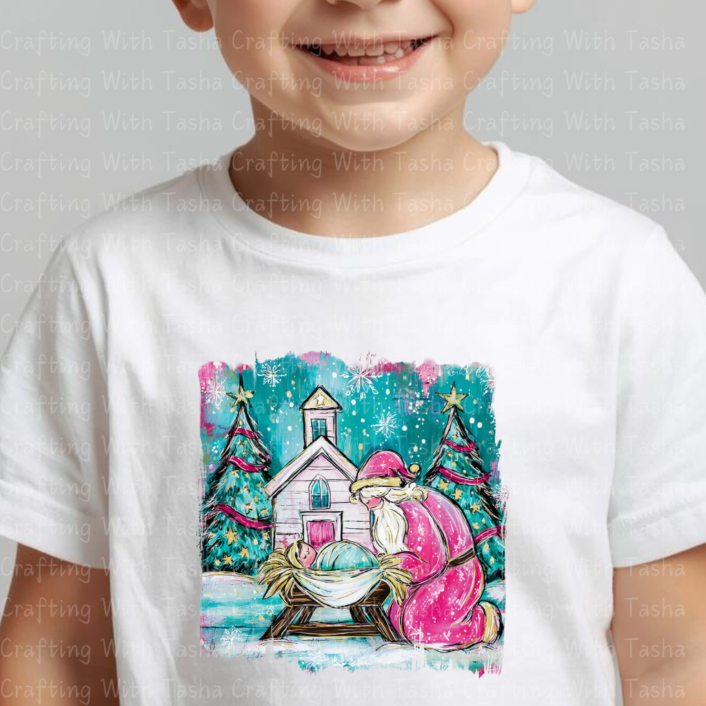 Pink Santa Nativity Christmas DTF Transfer – Santa Kneeling at Manger Christian Holiday Design