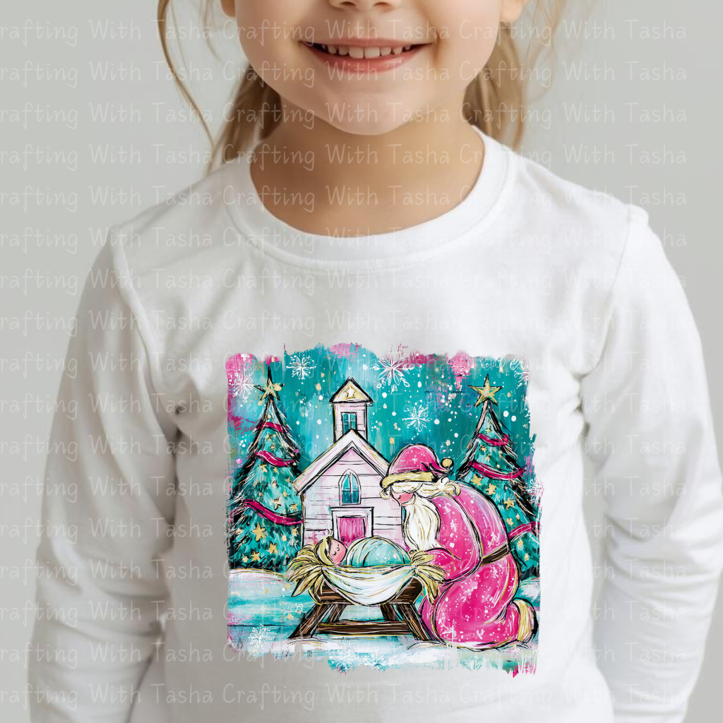 Pink Santa Nativity Christmas DTF Transfer – Santa Kneeling at Manger Christian Holiday Design
