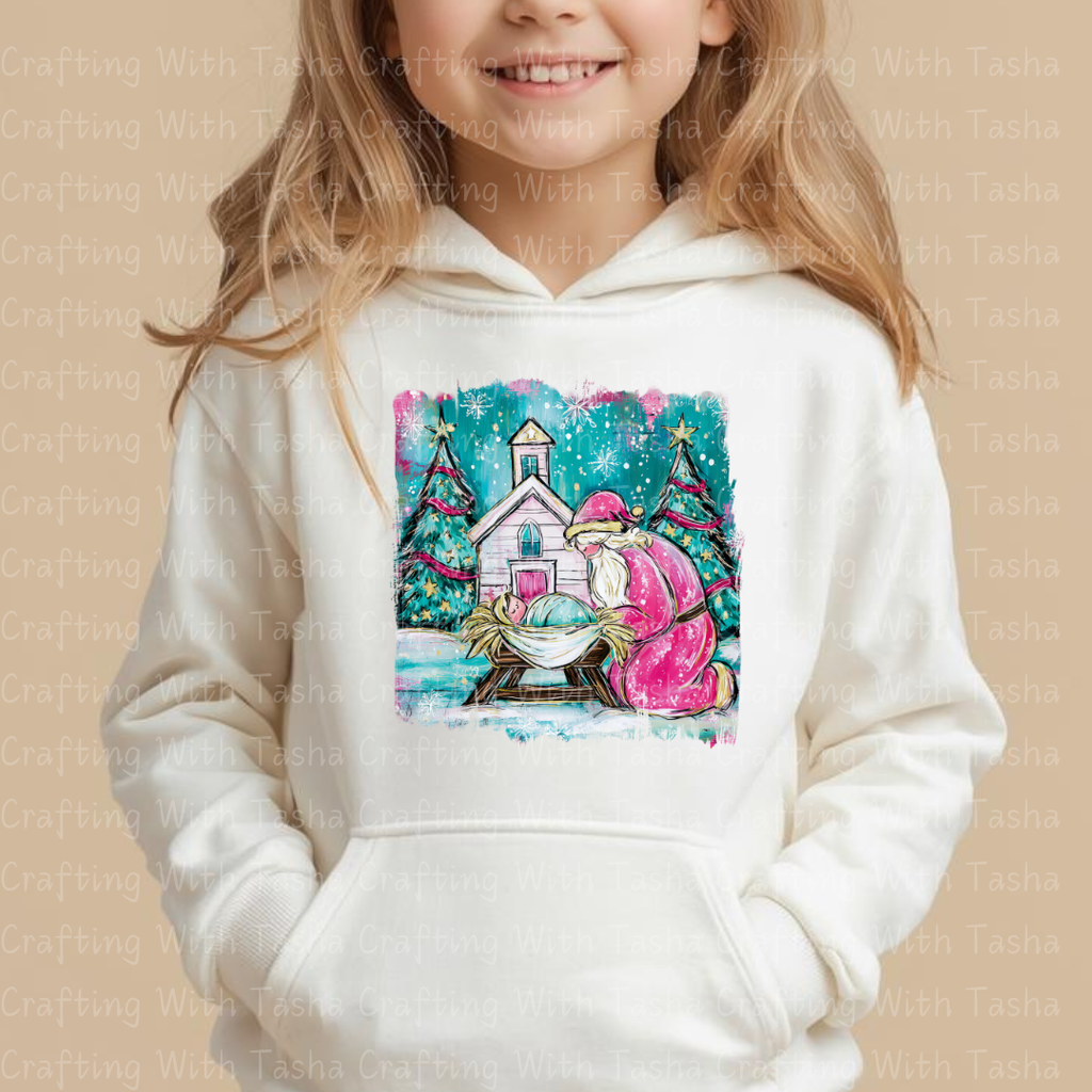 Pink Santa Nativity Christmas DTF Transfer – Santa Kneeling at Manger Christian Holiday Design