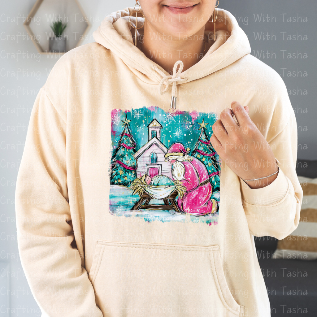 Pink Santa Nativity Christmas DTF Transfer – Santa Kneeling at Manger Christian Holiday Design