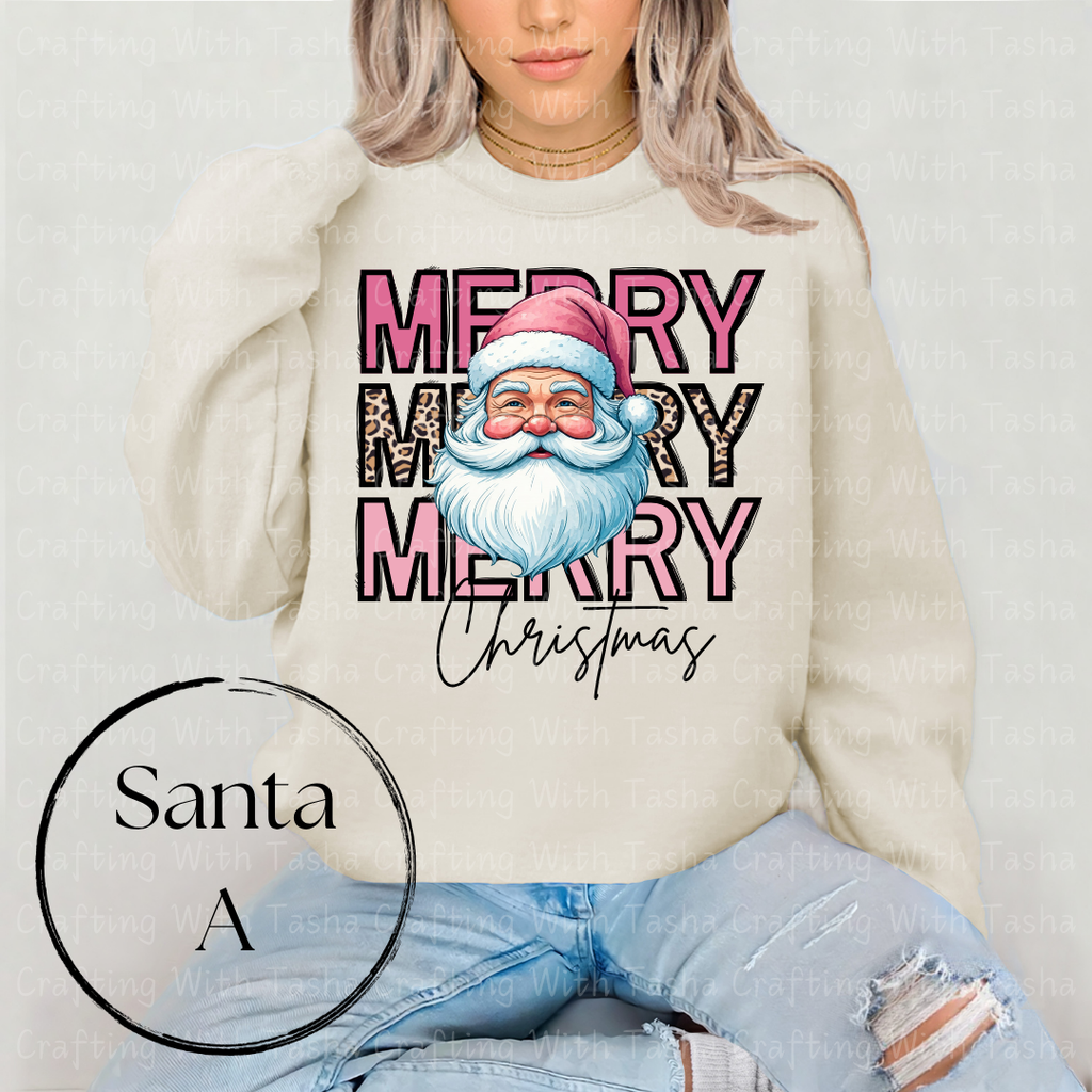 Merry Merry Merry Christmas Pink & Cow Print Design – Customizable DTF Transfer, T-Shirt, Crew Neck, Hoodie, or Cup Transfer