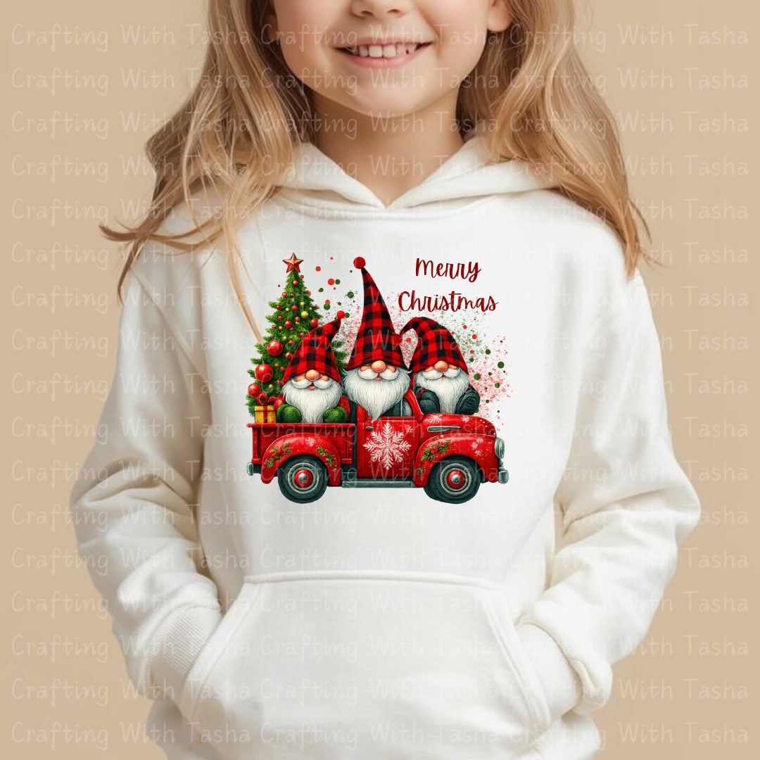 Buffalo Plaid Gnomes in Red Christmas Truck Design – Customizable DTF Transfer, T-Shirt, Crew Neck, Hoodie, or Cup Transfer