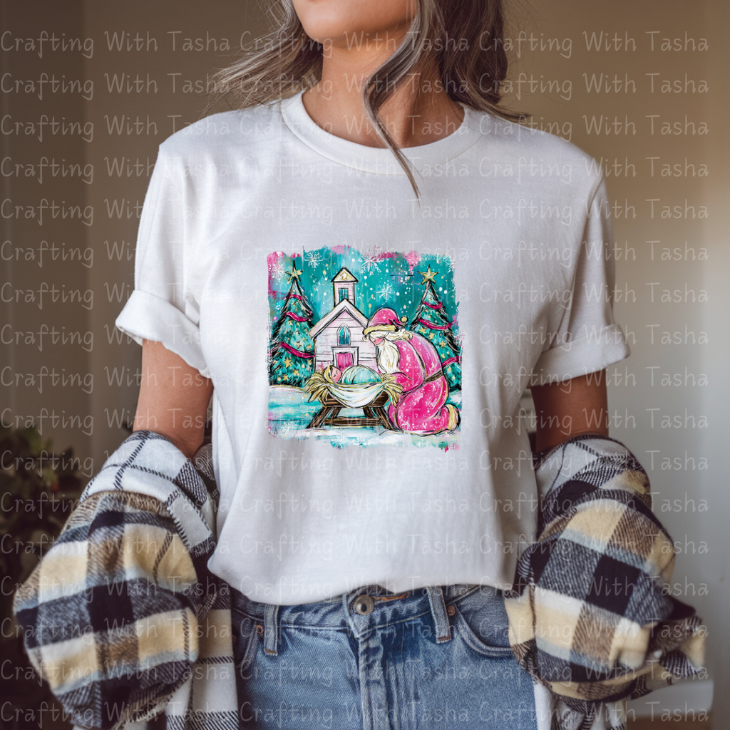Pink Santa Nativity Christmas DTF Transfer – Santa Kneeling at Manger Christian Holiday Design