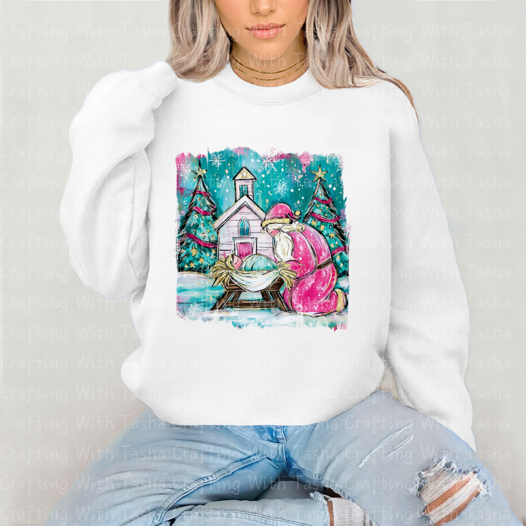 Pink Santa Nativity Christmas DTF Transfer – Santa Kneeling at Manger Christian Holiday Design