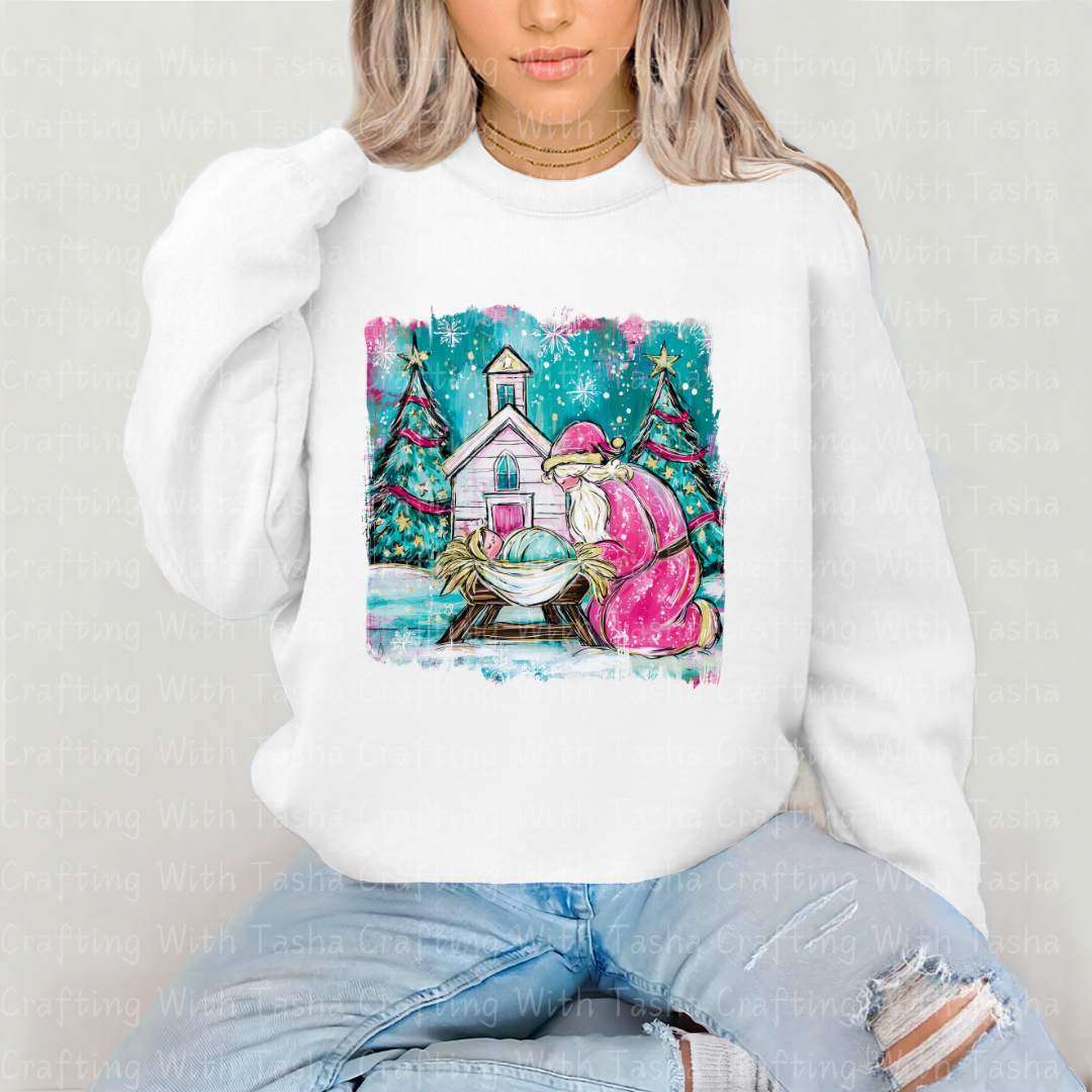 Pink Santa Nativity Christmas DTF Transfer – Santa Kneeling at Manger Christian Holiday Design