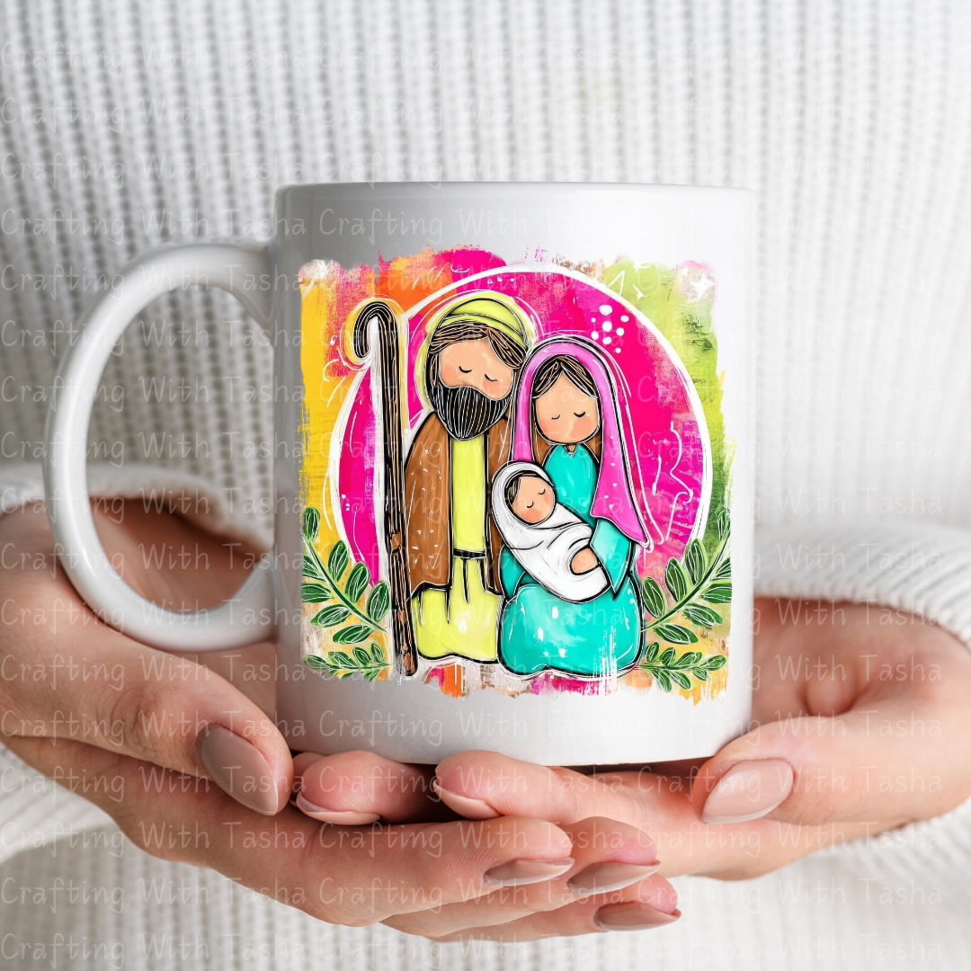 Holy Family Nativity DTF Transfer – Modern Bright Christmas Jesus, Mary & Joseph Design