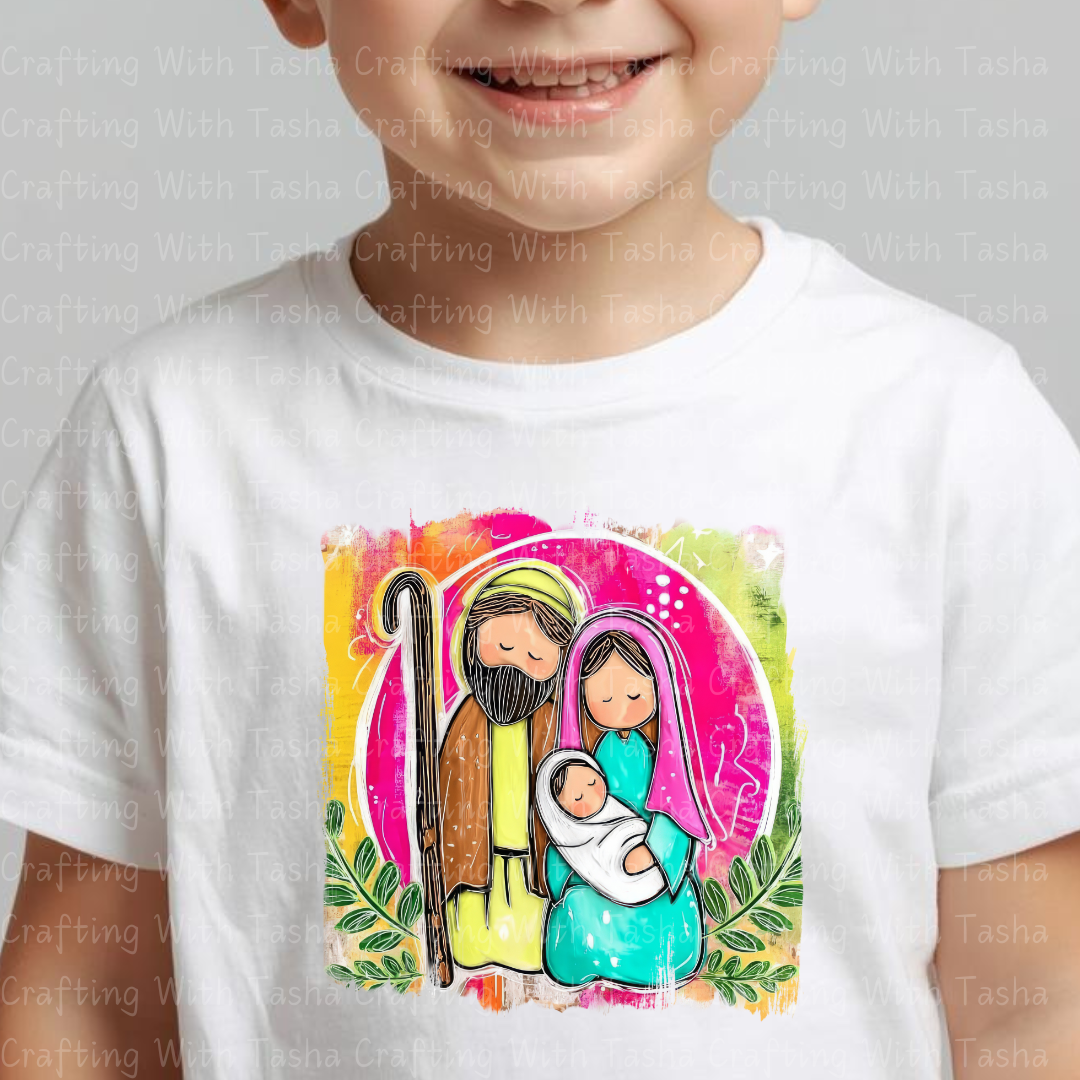 Holy Family Nativity DTF Transfer – Modern Bright Christmas Jesus, Mary & Joseph Design