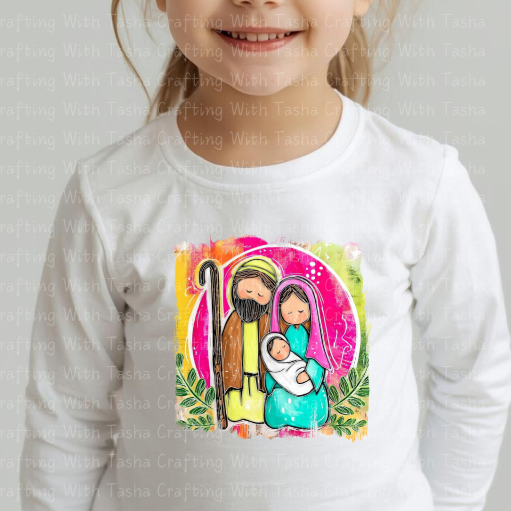 Holy Family Nativity DTF Transfer – Modern Bright Christmas Jesus, Mary & Joseph Design