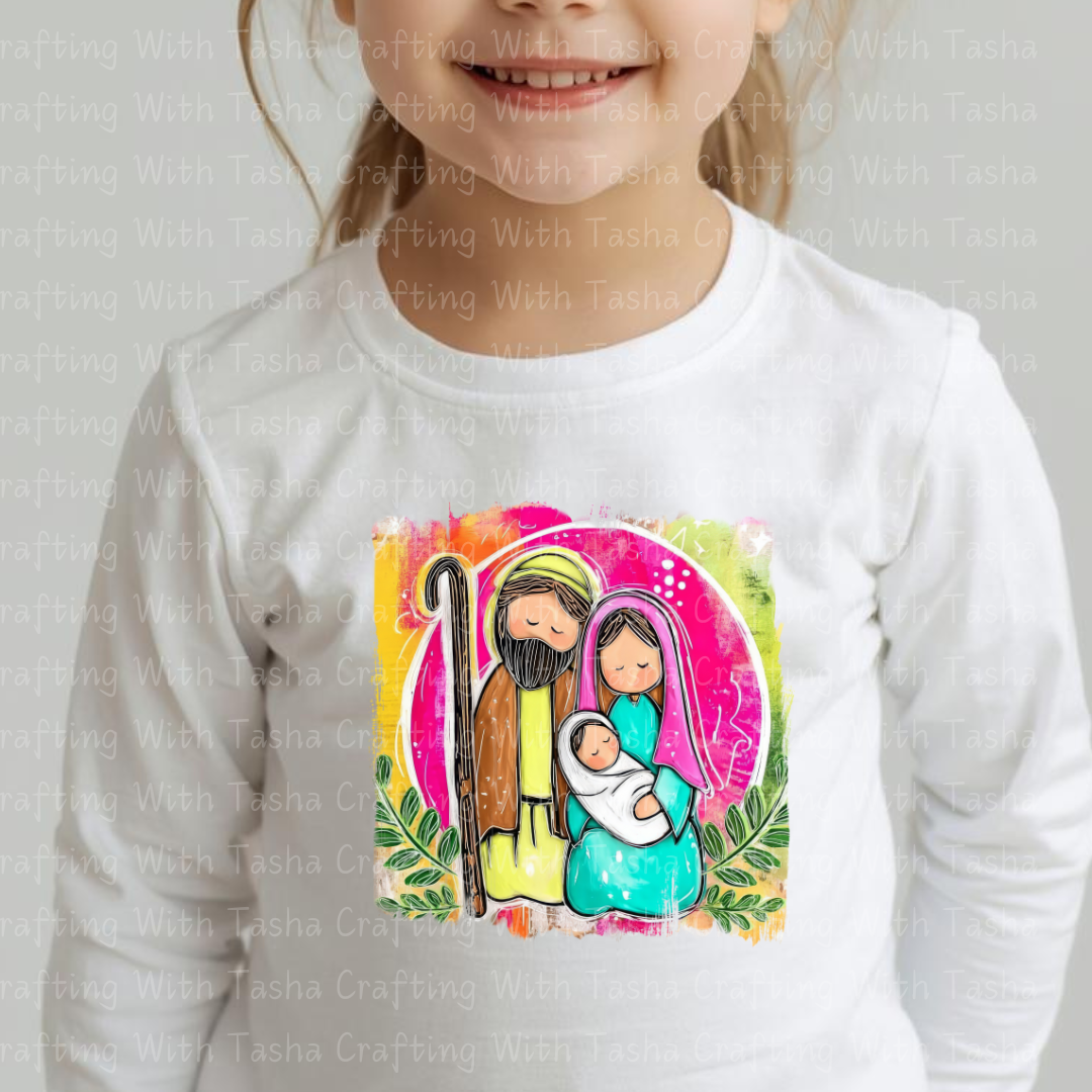 Holy Family Nativity DTF Transfer – Modern Bright Christmas Jesus, Mary & Joseph Design