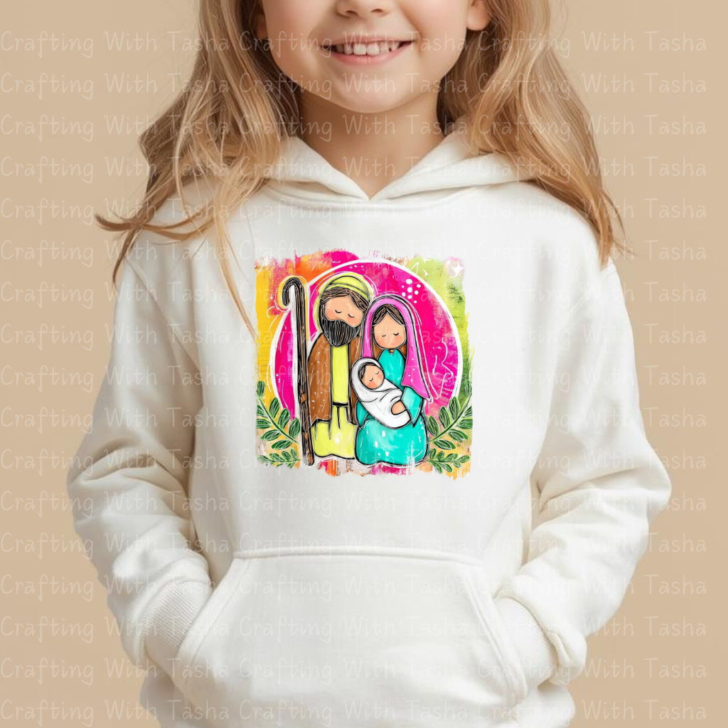 Holy Family Nativity DTF Transfer – Modern Bright Christmas Jesus, Mary & Joseph Design