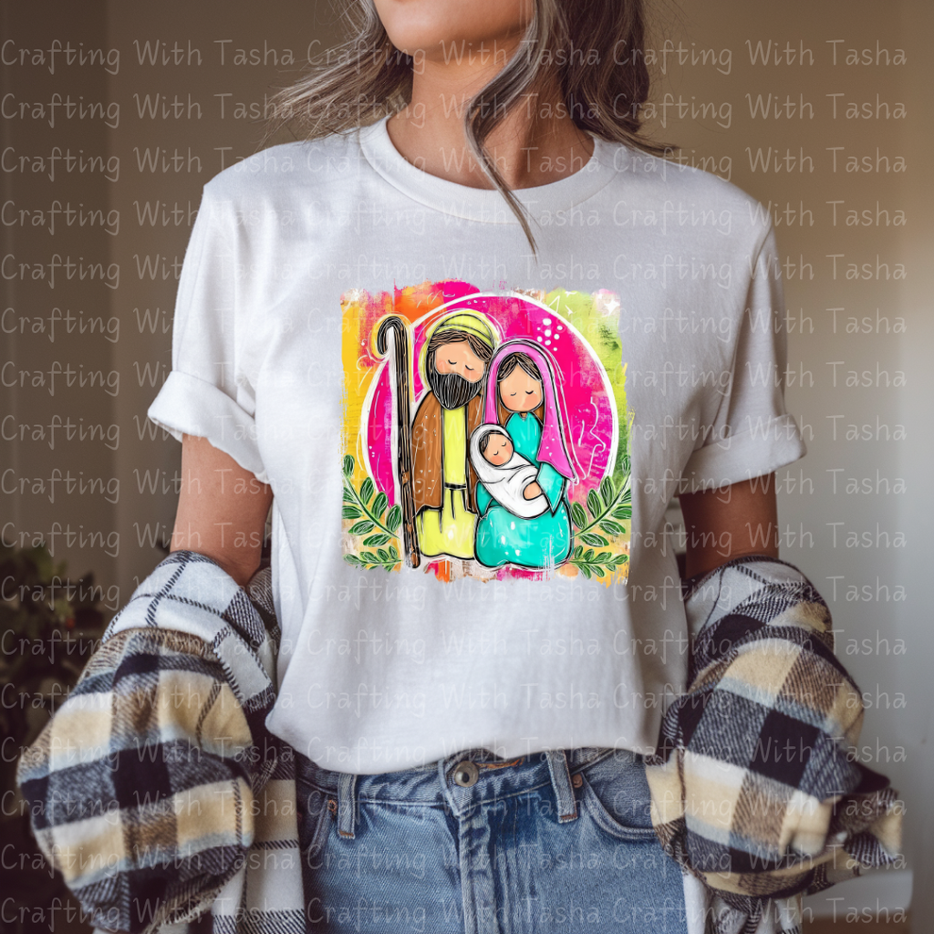 Holy Family Nativity DTF Transfer – Modern Bright Christmas Jesus, Mary & Joseph Design