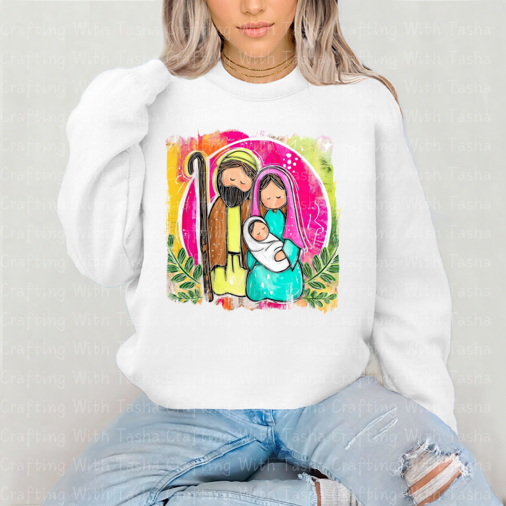 Holy Family Nativity DTF Transfer – Modern Bright Christmas Jesus, Mary & Joseph Design