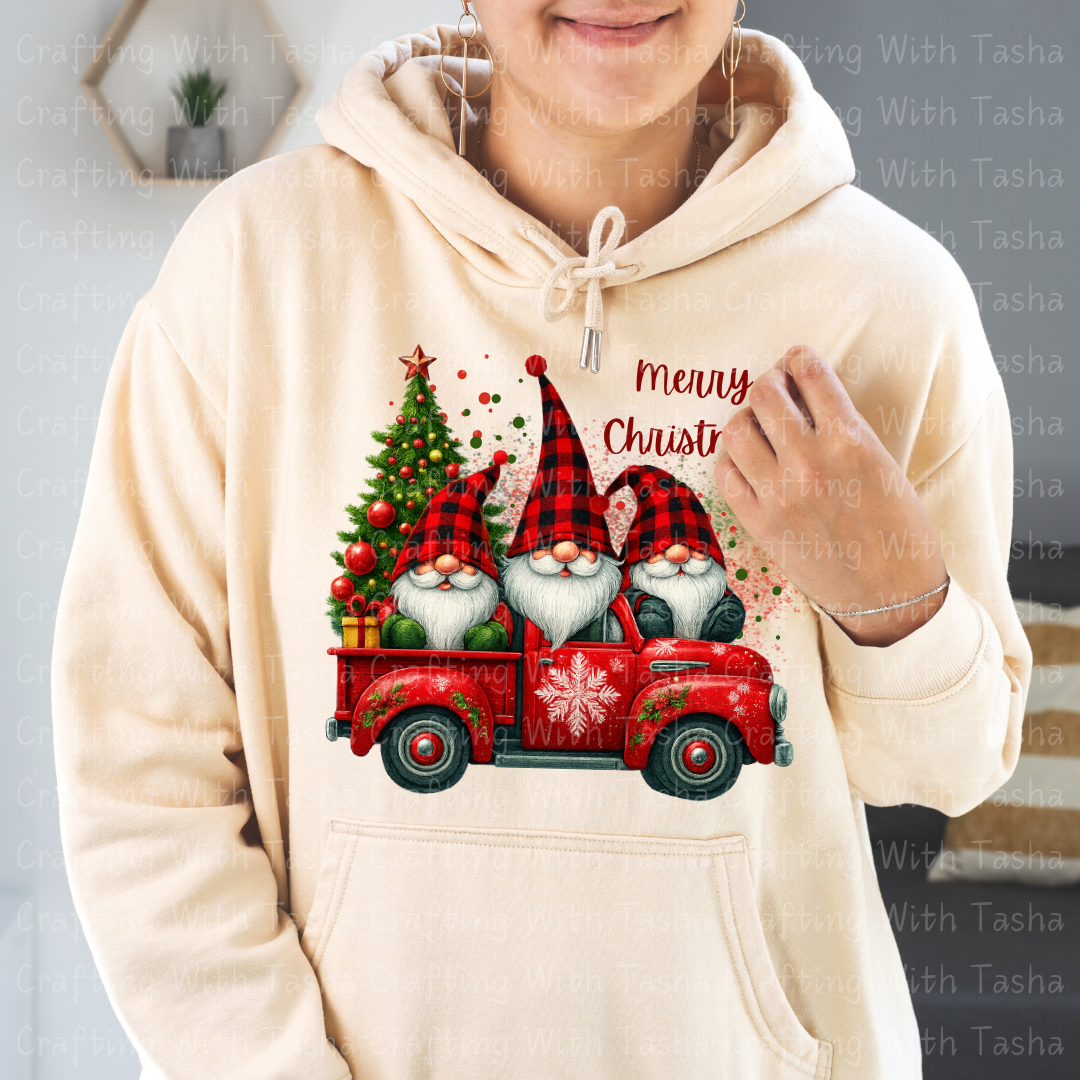 Buffalo Plaid Gnomes in Red Christmas Truck Design – Customizable DTF Transfer, T-Shirt, Crew Neck, Hoodie, or Cup Transfer