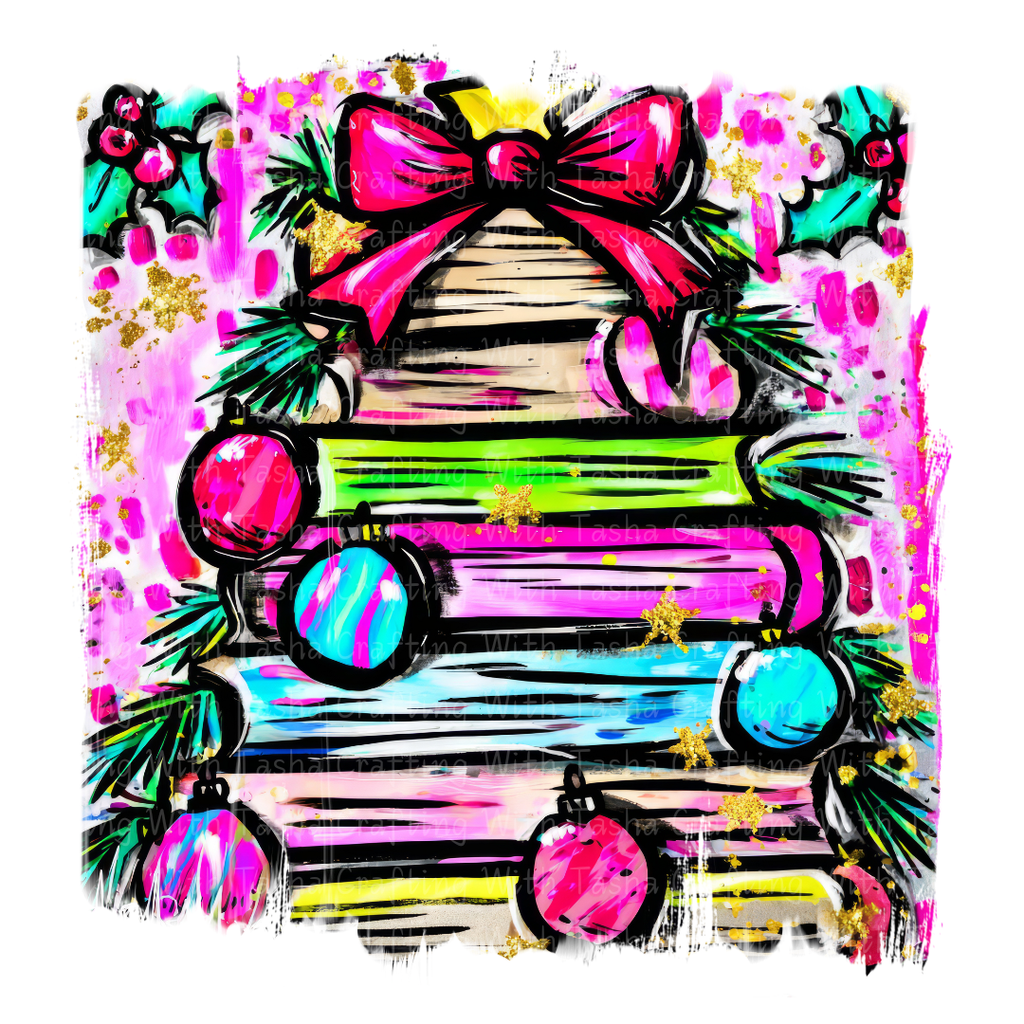 Bright Christmas Book Tree DTF Transfer – Neon Holiday Stack of Books with Ornaments & Bow