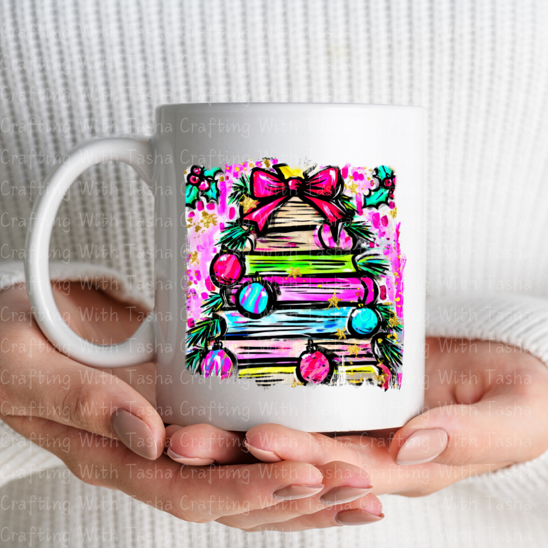Bright Christmas Book Tree DTF Transfer – Neon Holiday Stack of Books with Ornaments & Bow