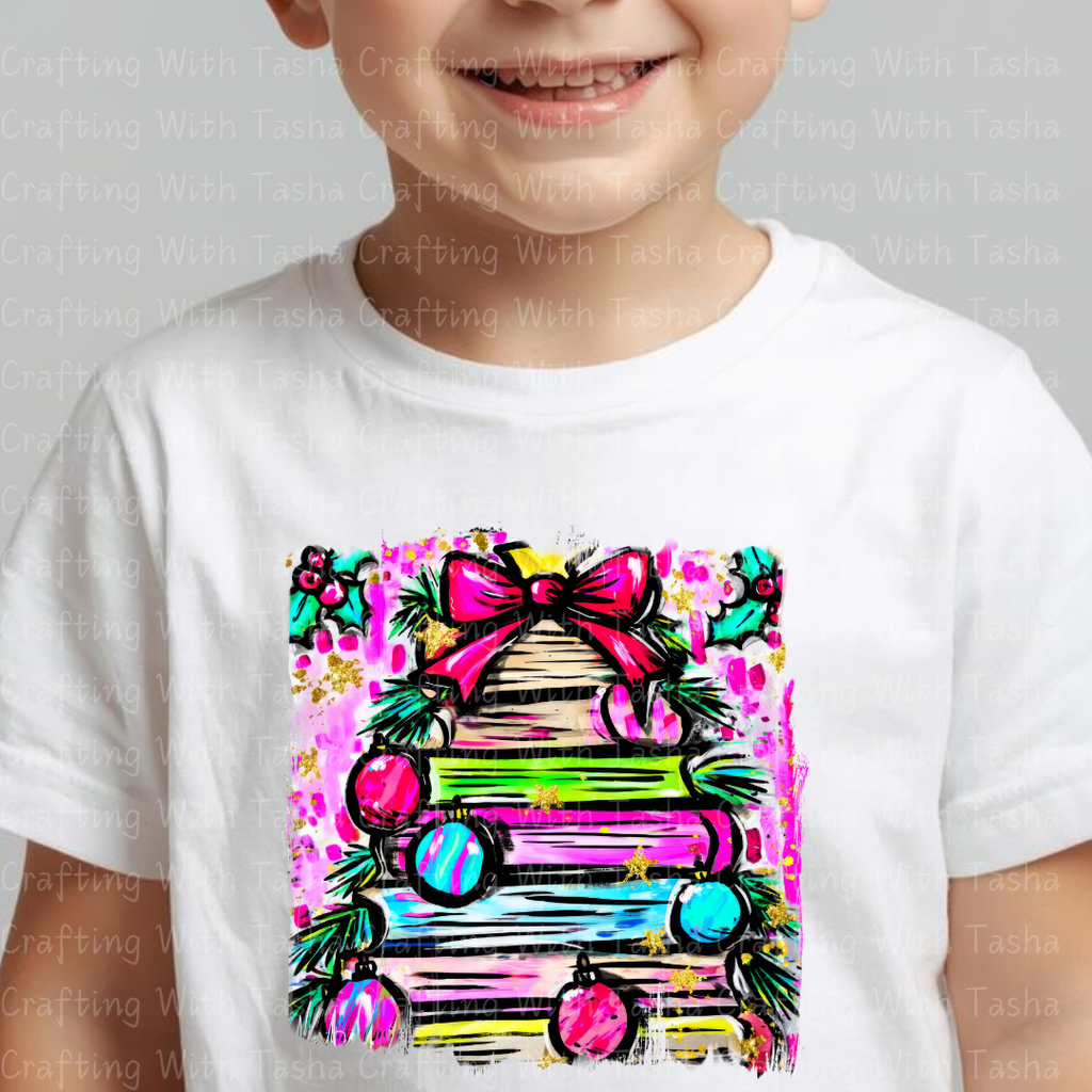 Bright Christmas Book Tree DTF Transfer – Neon Holiday Stack of Books with Ornaments & Bow