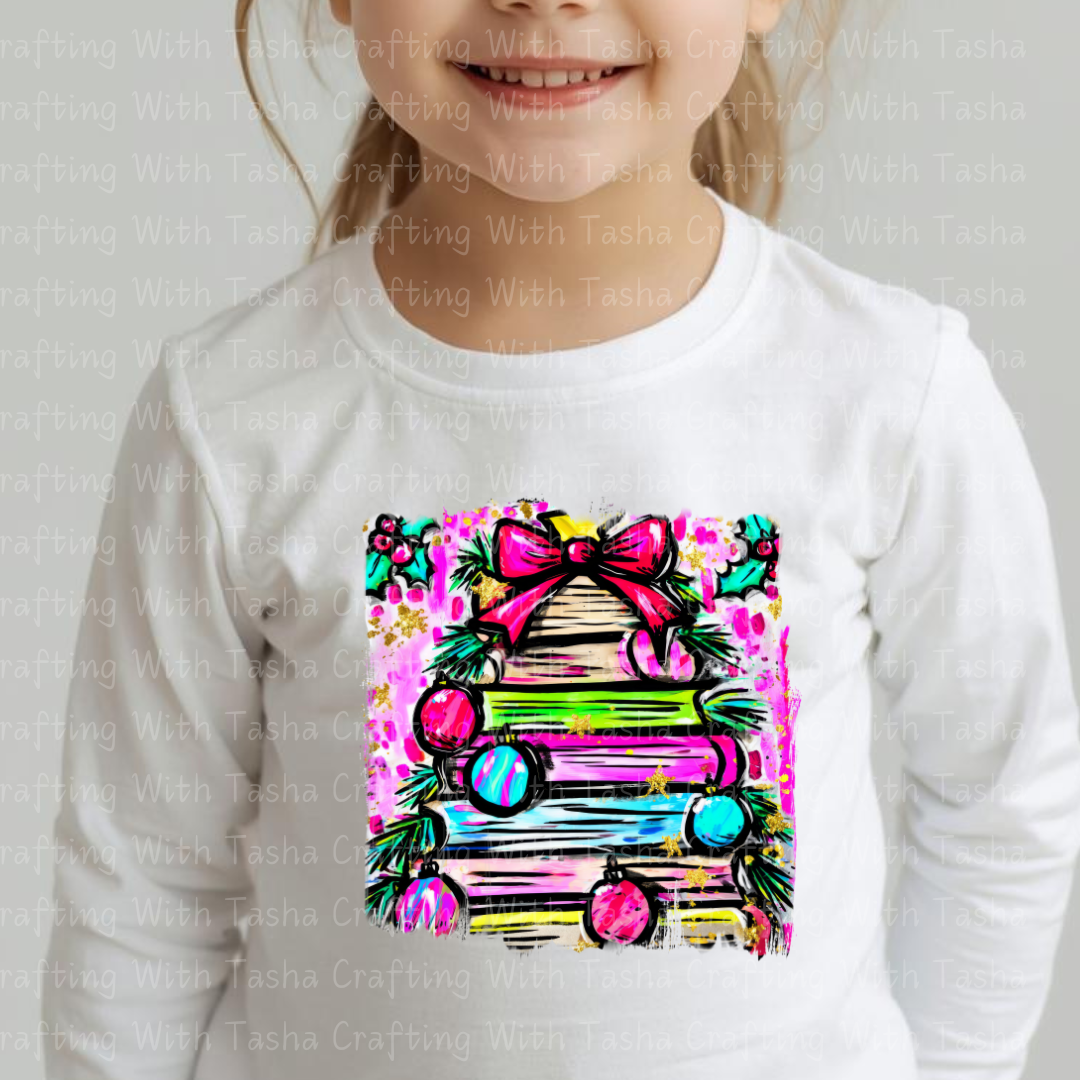 Bright Christmas Book Tree DTF Transfer – Neon Holiday Stack of Books with Ornaments & Bow