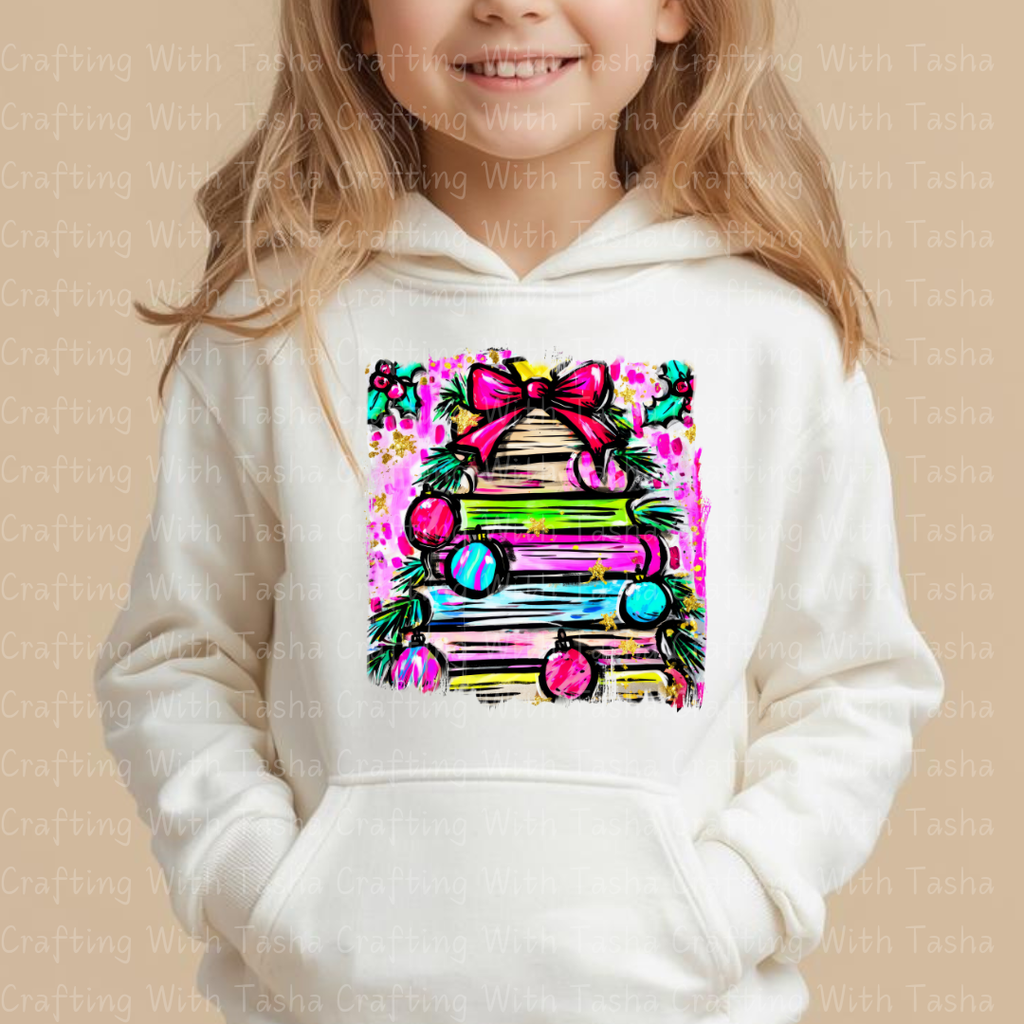 Bright Christmas Book Tree DTF Transfer – Neon Holiday Stack of Books with Ornaments & Bow