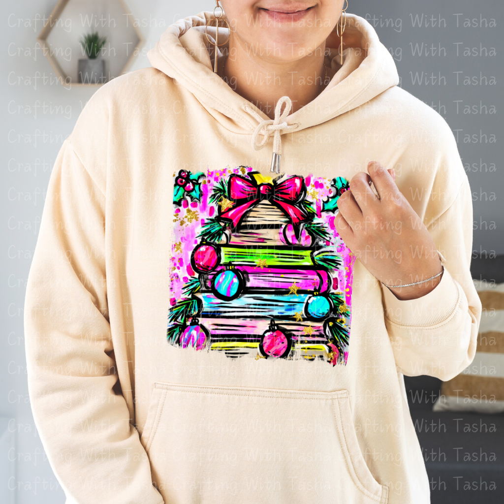 Bright Christmas Book Tree DTF Transfer – Neon Holiday Stack of Books with Ornaments & Bow