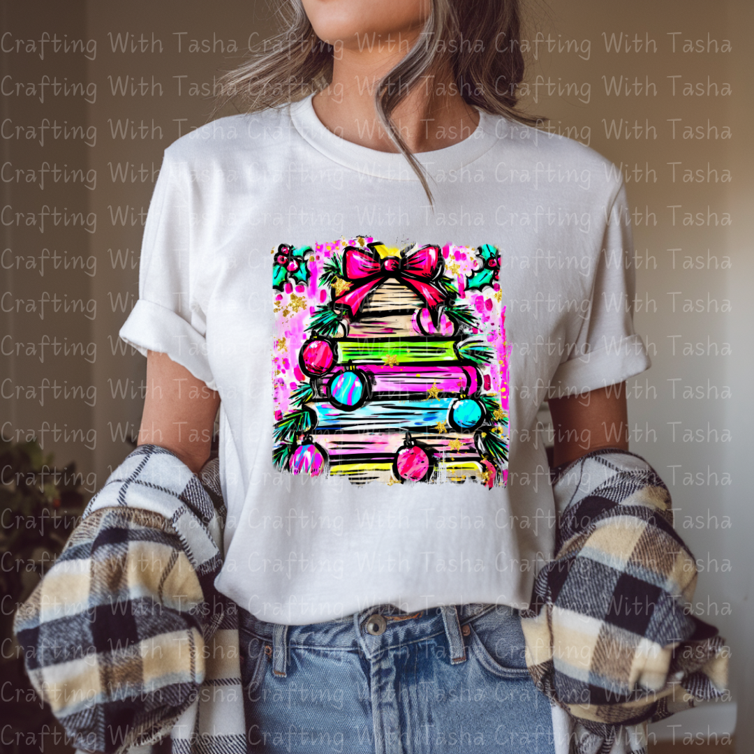 Bright Christmas Book Tree DTF Transfer – Neon Holiday Stack of Books with Ornaments & Bow