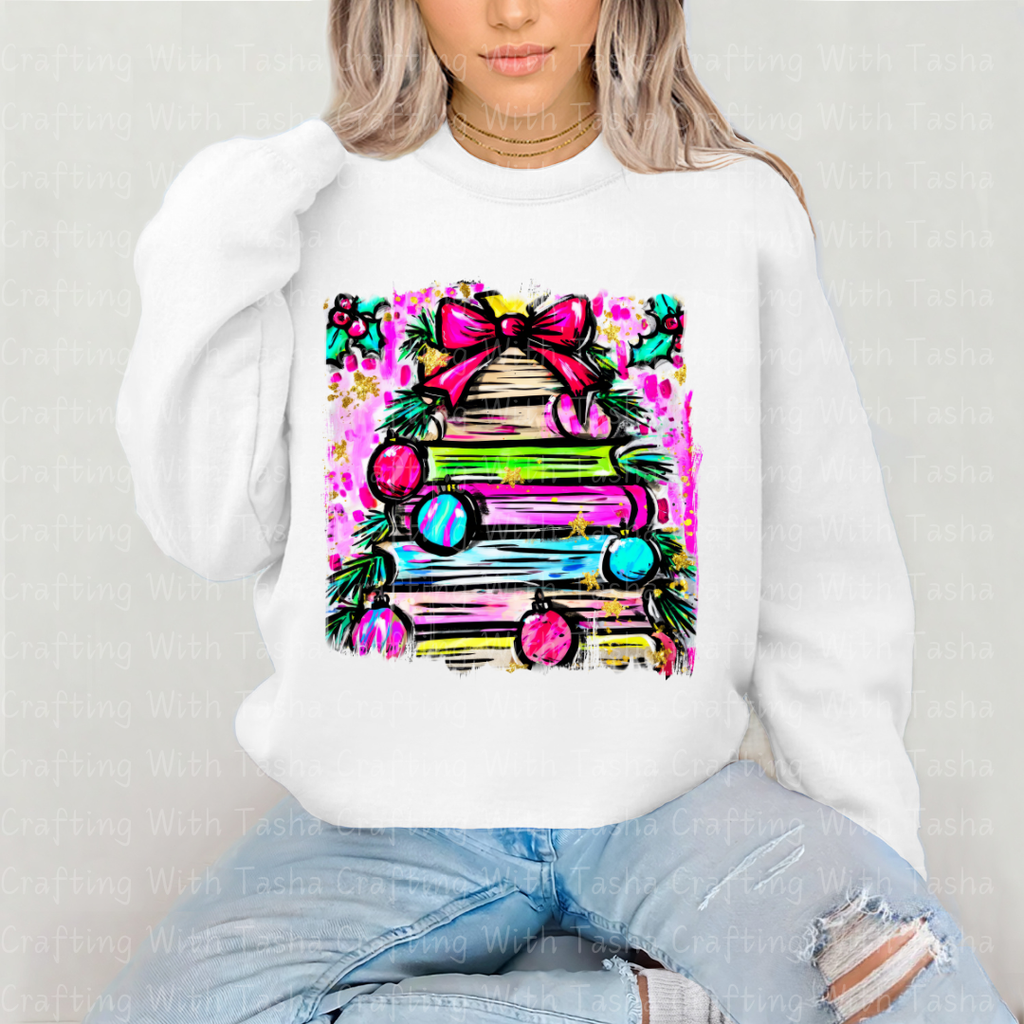 Bright Christmas Book Tree DTF Transfer – Neon Holiday Stack of Books with Ornaments & Bow