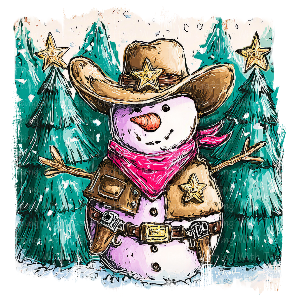 Cowboy Snowman Christmas DTF Transfer – Western Holiday Sheriff Snowman Design
