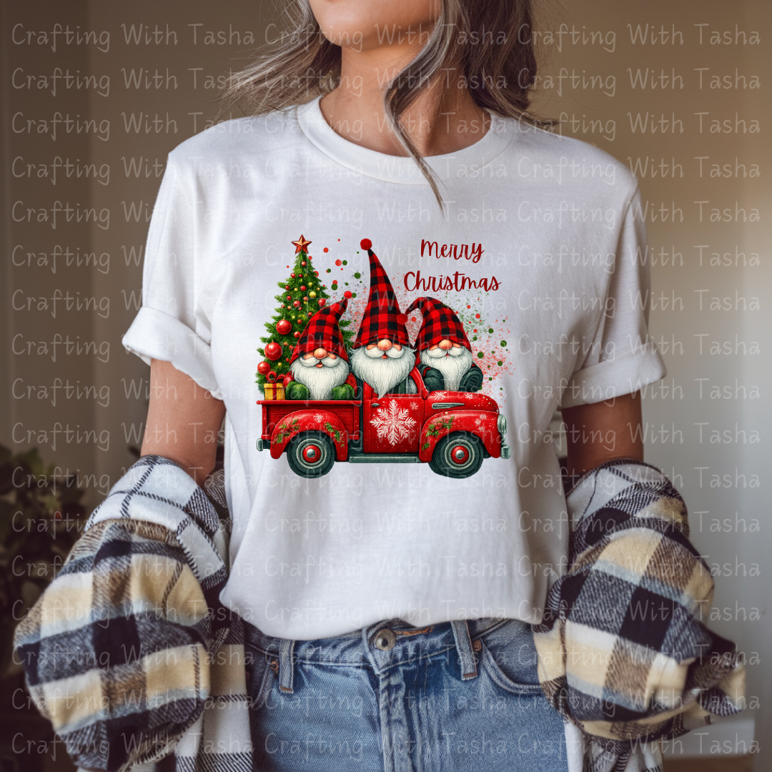 Buffalo Plaid Gnomes in Red Christmas Truck Design – Customizable DTF Transfer, T-Shirt, Crew Neck, Hoodie, or Cup Transfer