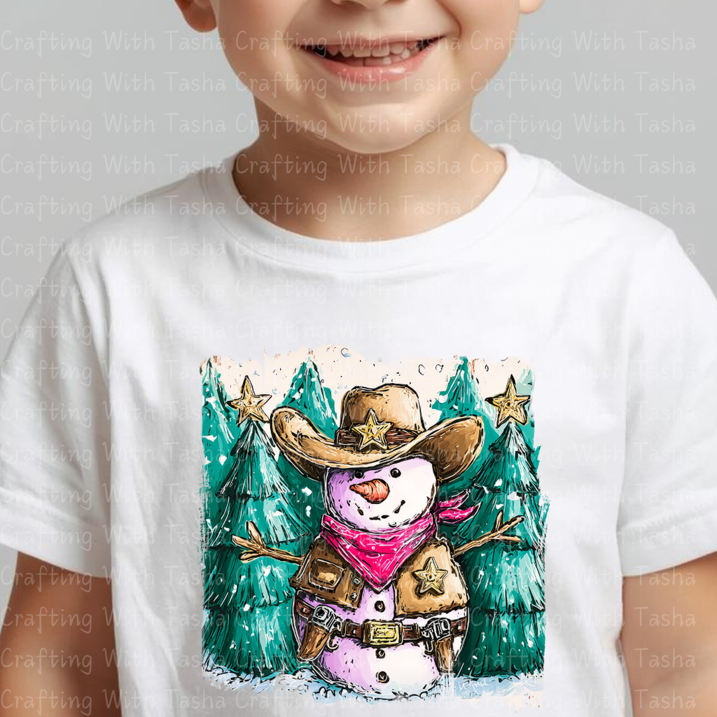 Cowboy Snowman Christmas DTF Transfer – Western Holiday Sheriff Snowman Design