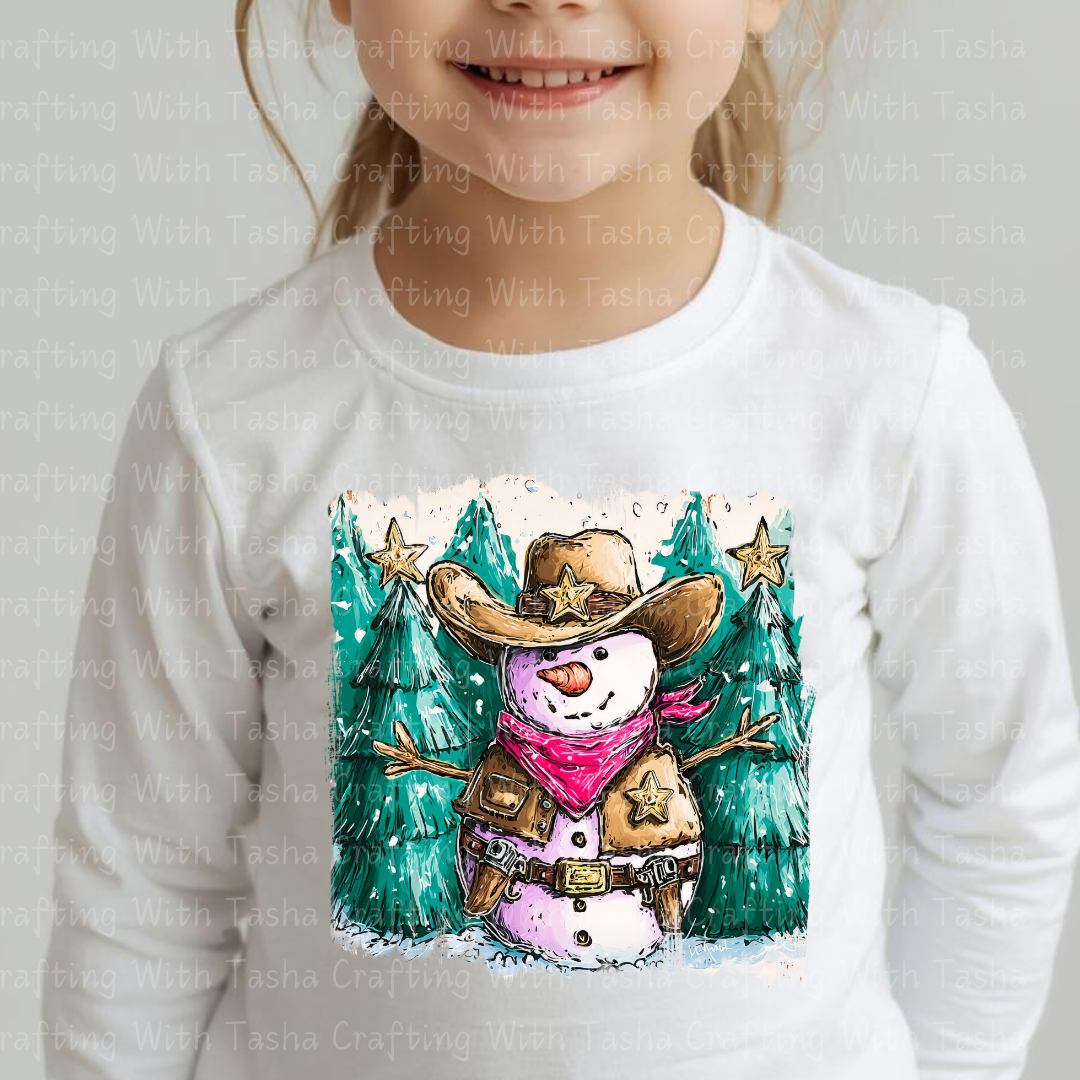 Cowboy Snowman Christmas DTF Transfer – Western Holiday Sheriff Snowman Design