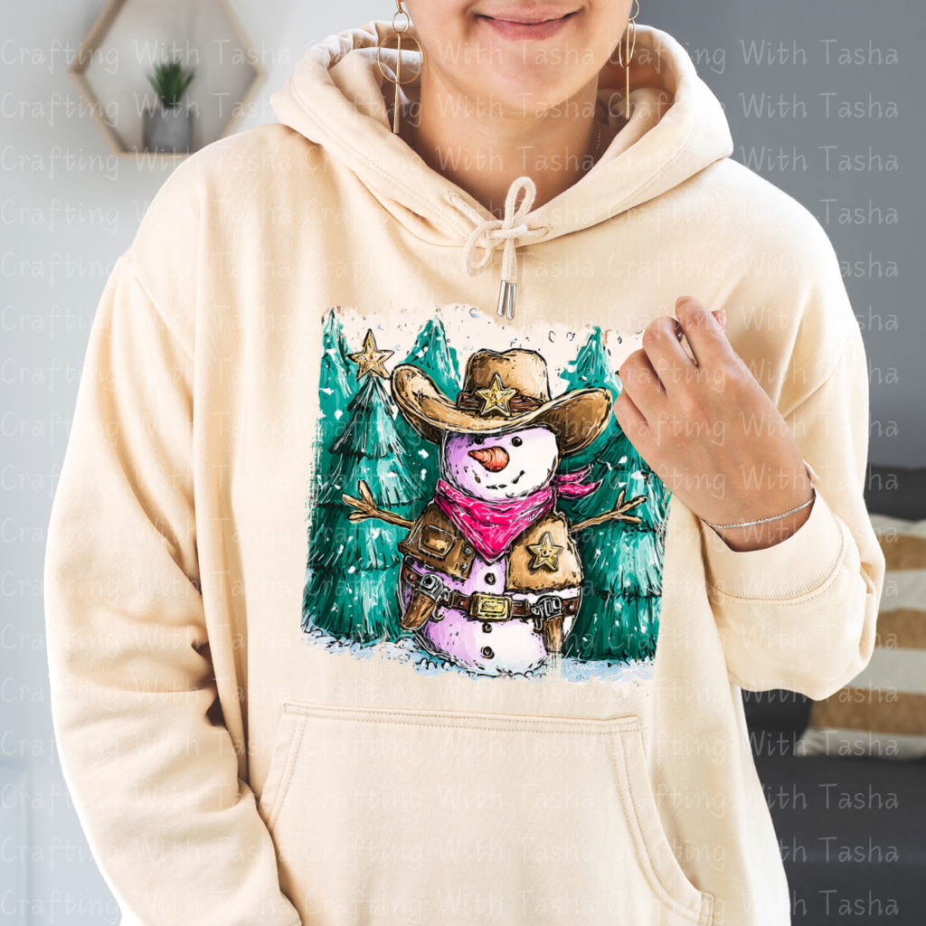 Cowboy Snowman Christmas DTF Transfer – Western Holiday Sheriff Snowman Design