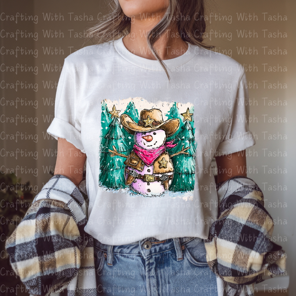 Cowboy Snowman Christmas DTF Transfer – Western Holiday Sheriff Snowman Design