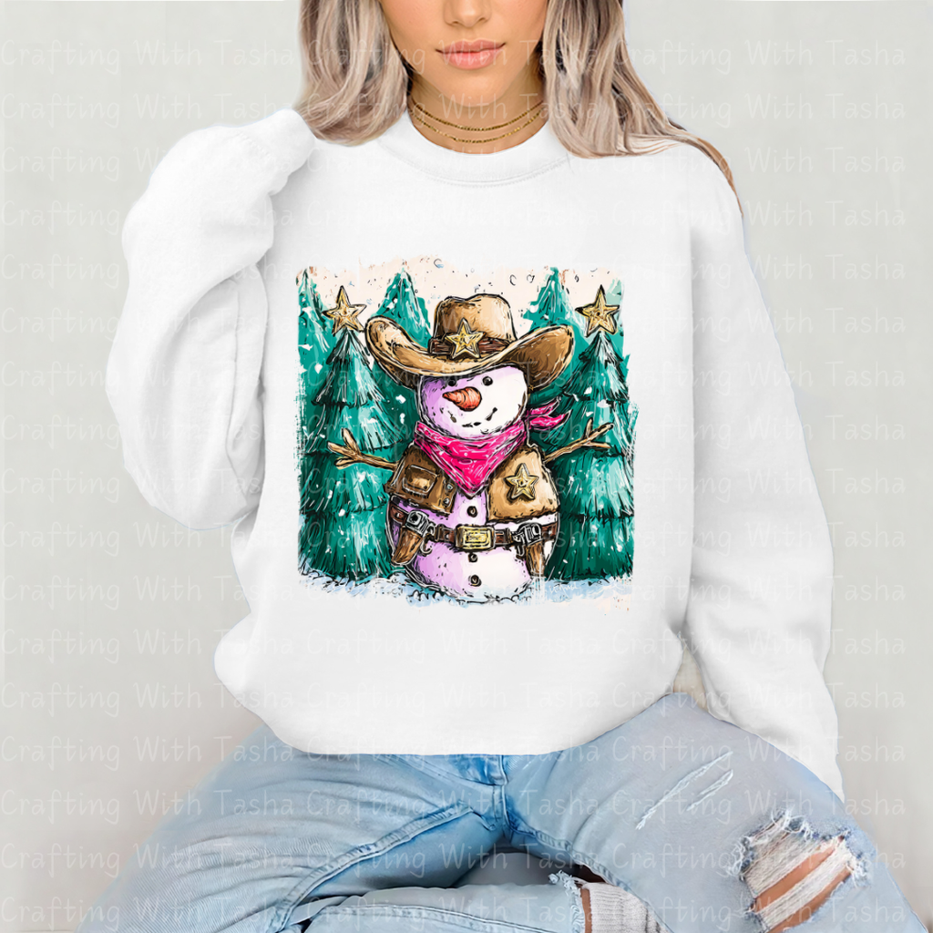 Cowboy Snowman Christmas DTF Transfer – Western Holiday Sheriff Snowman Design