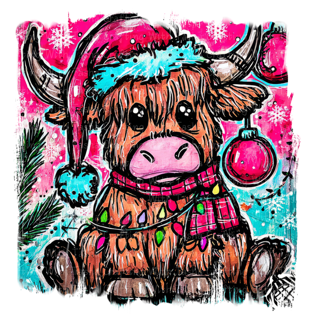 Highland Cow Christmas DTF Transfer – Cute Festive Cow with Lights & Santa Hat