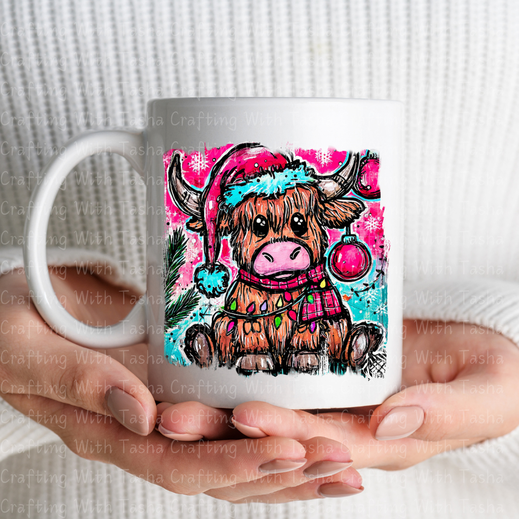 Highland Cow Christmas DTF Transfer – Cute Festive Cow with Lights & Santa Hat