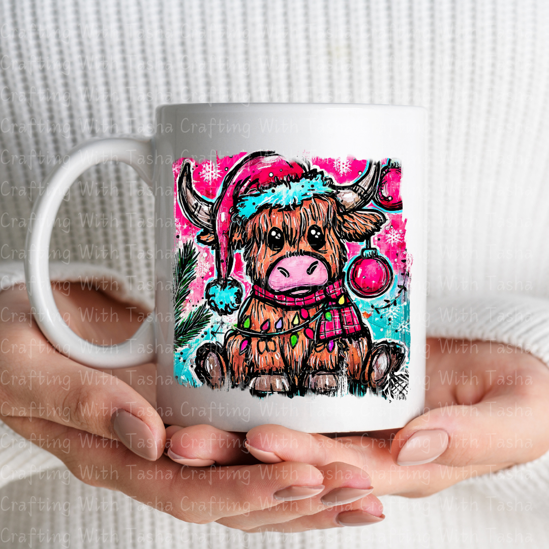 Highland Cow Christmas DTF Transfer – Cute Festive Cow with Lights & Santa Hat