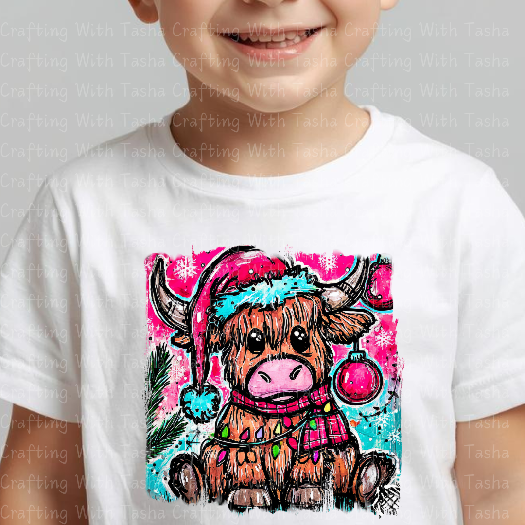 Highland Cow Christmas DTF Transfer – Cute Festive Cow with Lights & Santa Hat