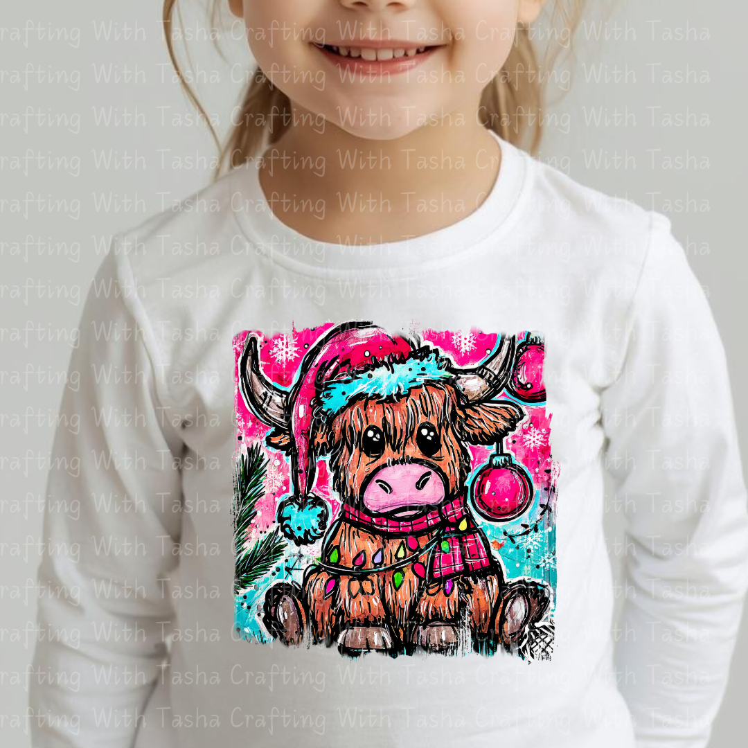 Highland Cow Christmas DTF Transfer – Cute Festive Cow with Lights & Santa Hat