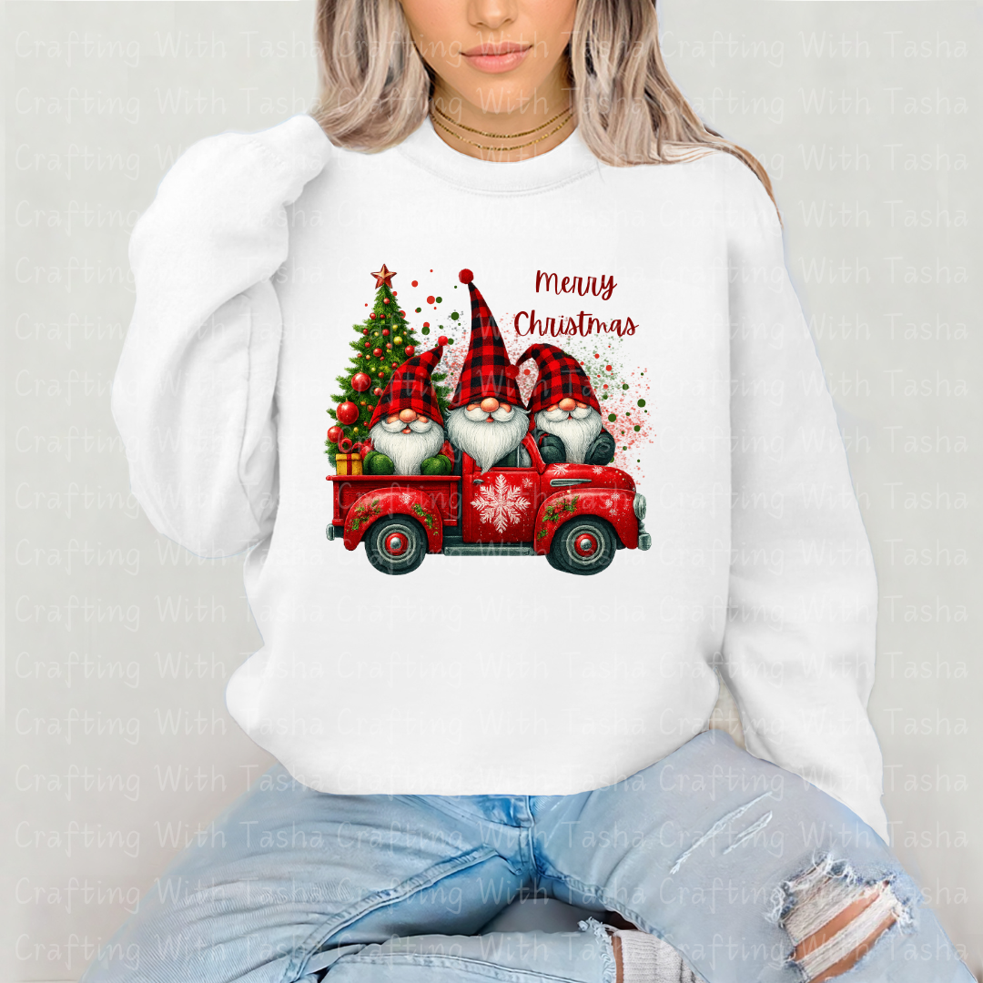 Buffalo Plaid Gnomes in Red Christmas Truck Design – Customizable DTF Transfer, T-Shirt, Crew Neck, Hoodie, or Cup Transfer