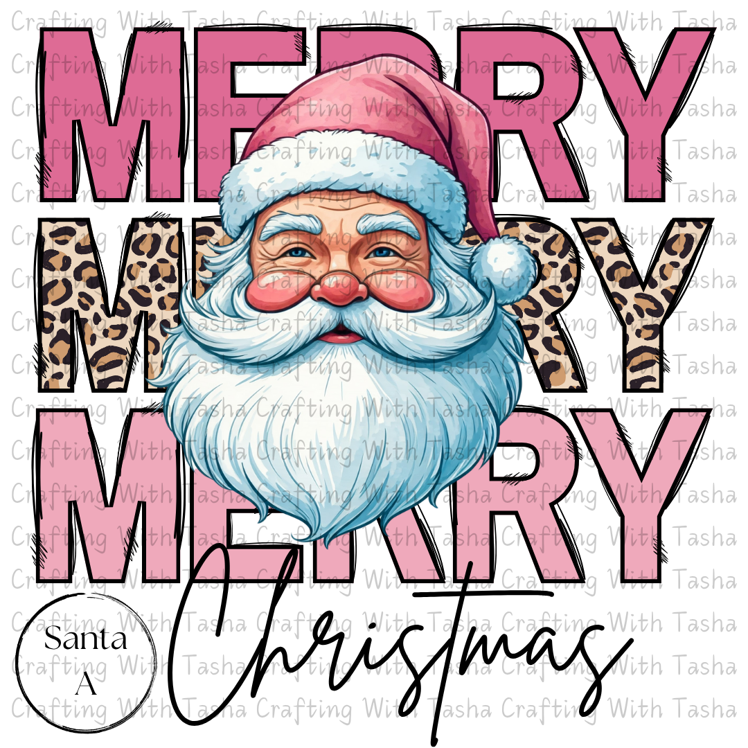 Merry Merry Merry Christmas Santa with Leopard Print Design – Customizable DTF Transfer, T-Shirt, Crew Neck, Hoodie, or Cup Transfer