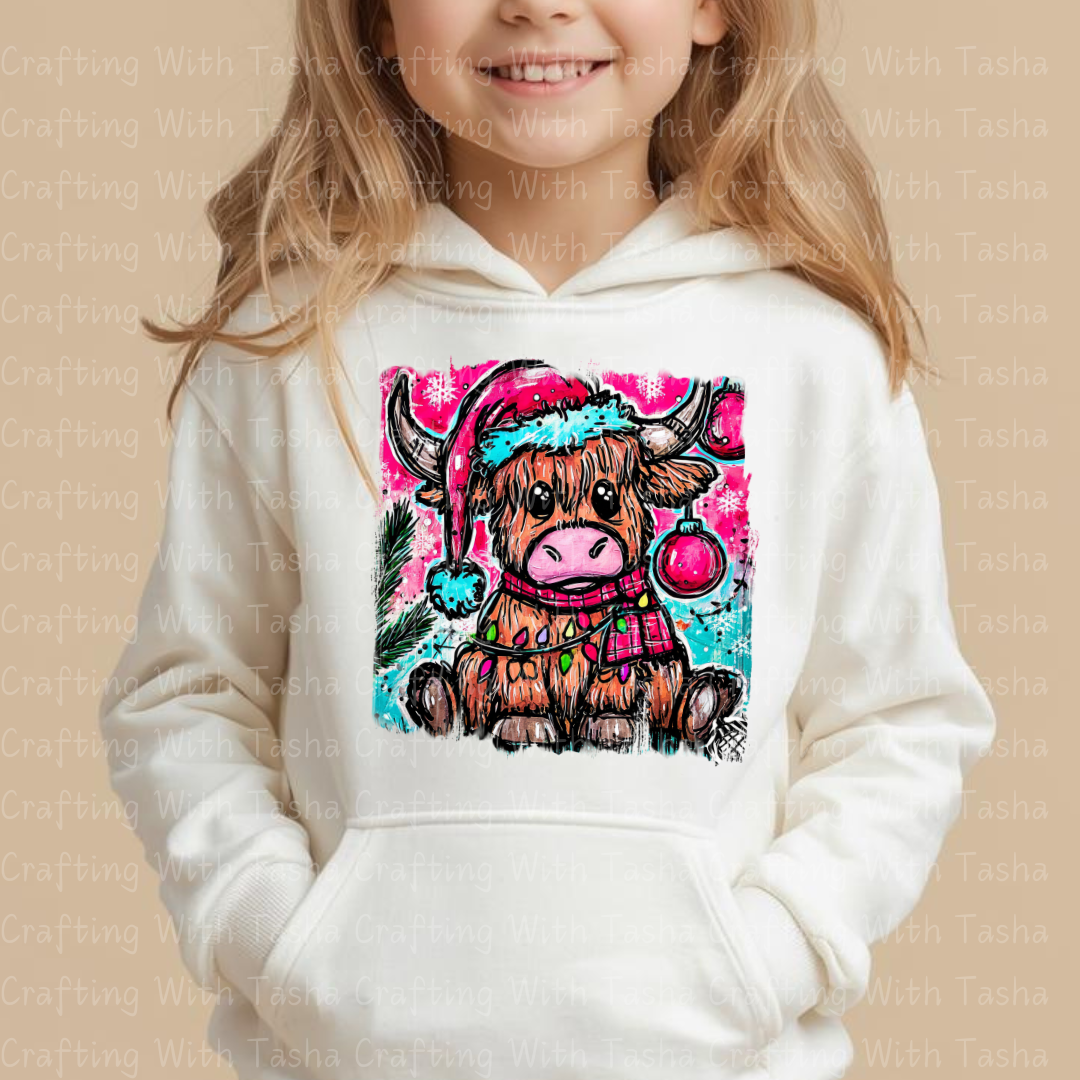 Highland Cow Christmas DTF Transfer – Cute Festive Cow with Lights & Santa Hat