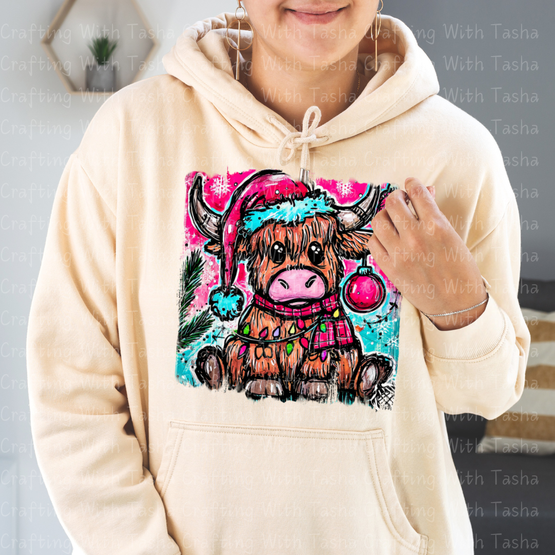 Highland Cow Christmas DTF Transfer – Cute Festive Cow with Lights & Santa Hat