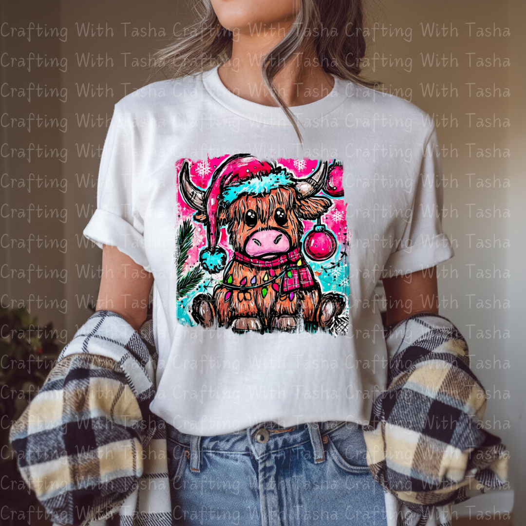 Highland Cow Christmas DTF Transfer – Cute Festive Cow with Lights & Santa Hat