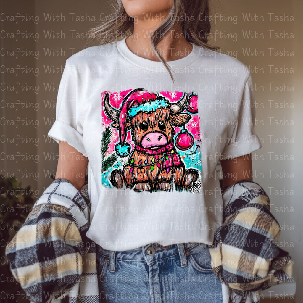 Highland Cow Christmas DTF Transfer – Cute Festive Cow with Lights & Santa Hat