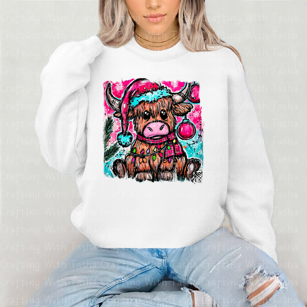 Highland Cow Christmas DTF Transfer – Cute Festive Cow with Lights & Santa Hat