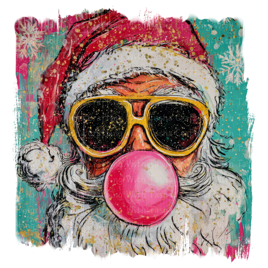 Cool Santa Bubblegum Christmas DTF Transfer 1– Retro Santa with Sunglasses