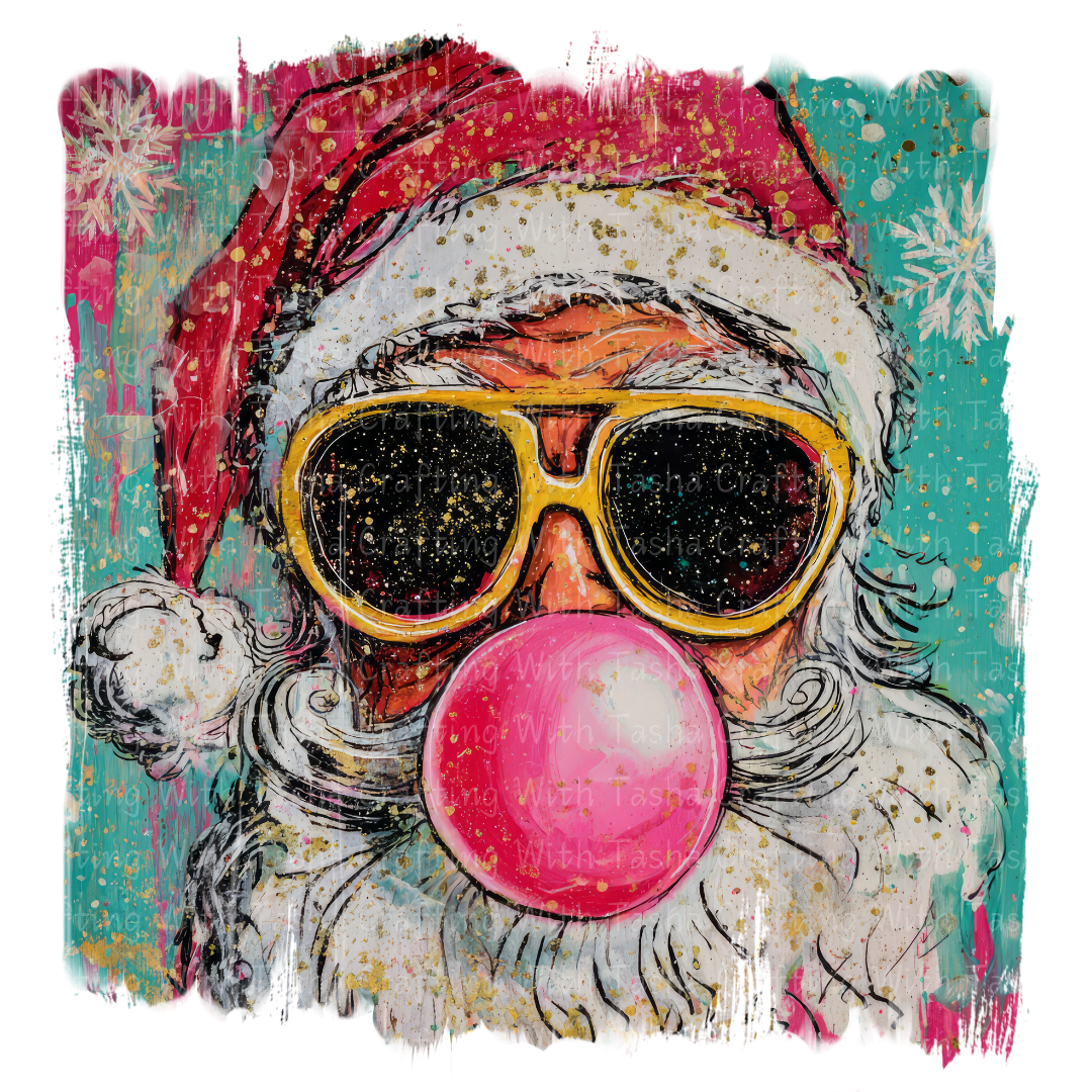 Cool Santa Bubblegum Christmas DTF Transfer 1– Retro Santa with Sunglasses